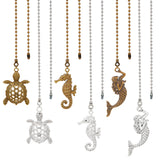 6Pcs 6 Style Mermaid Sea Horse Tortoise Tibetan Style Alloy Pendant Ceiling Fan Pull Chain Extenders, with Iron Ball Chain, Antique Bronze & Antique Silver, 372~392mm, 1pc/style