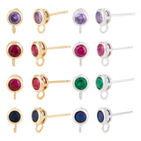 8 Pairs 8 Color Brass Micro Pave Cubic Zirconia Stud Earring Findings, with Vertical Loops, Flat Round, Cadmium Free & Lead Free, Mixed Color, 8.5x5.5mm, Hole: 1.6mm, Pin: 0.8mm, 1 Pair/color