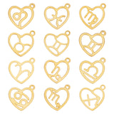 24Pcs 12 Style 304 Stainless Steel Pendants, Laser Cut, Heart with Constellation, Real 18K Gold Plated, 15.5x12.5x0.6mm, Hole: 1.5mm, 2pcs/style