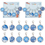 Glass Flat Round with Blue and White Porcelain Pattern Charm Locking Stitch Markers, Zinc Alloy Lobster Claw Clasps Locking Stitch Marker, Platinum, 4.8cm, 6pcs/set