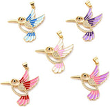 5Pcs Brass Micro Pave Clear Cubic Zirconia Pendants, with Enamel, Long-Lasting Plated, Real 18K Gold Plated, Bird, Mixed Color, 33.5x31x2mm, Hole: 3x4mm