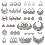 48Pcs 12 Style Tibetan Style Alloy Chandelier Components Links, Flat Round & Triangle & Teardrop & Moon & Fan, Antique Silver, 4pcs/box