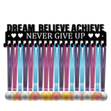 Iron Medal Holder Frame, Medals Display Hanger Rack, Rectangle with Word Dream Believe Achieve Never Give Up, Electrophoresis Black, 90x400mm
