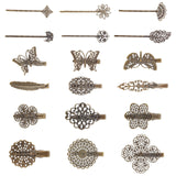 18Pcs 18 Style Iron Flat Alligator Hair Clip Findings, with Brass Tray, Butterfly & Leaf & Flower & Square, Antique Bronze, 17~63x12~62x5~11mm, 1pc/style