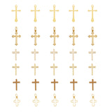36Pcs 6 Style Long-Lasting Plated Brass Charms, Cross, Real 18K Gold Plated, 12~24x8~13x1~3mm, Hole: 1~3mm, 6pcs/style