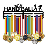 Fashion Iron Medal Hanger Holder Display Wall Rack, 3 Line, with Screws & Word HAND BALL, Electrophoresis Black, 150x400mm
