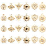 24Pcs 6 Style Alloy Pendants, with Crystal Rhinestone, Cadmium Free & Nickel Free & Lead Free, Mixed Shapes with Eye, Real 18K Gold Plated, 13.5~17x12~15x2~3mm, Hole: 1.5mm, 4pcs/style