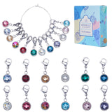 Birthstone Theme 304 Stainless Steel Glass Rhinestone Pendant Locking Stitch Markers, with 304 Stainless Steel Lobster Claw Clasps & Brass Wine Glass Charm Rings Stitch Marker, Stainless Steel Color, 2.9cm, 12 color, 1pc/color, 12pcs/set