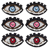 6Pcs 3 Colors Plastic Beaded Sew on Eye Patches, Appliques, Badges, with Rhinestone & Felt Base, for Clothes, Dress, Hat, Jeans, Mixed Color, 59x87~91x8.5~9mm, 2pcs/color