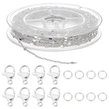 DIY Chain Bracelet Necklace Making Kit, Including Brass Flat Round Link Chains, 304 Stainless Steel Clasps & Jump Rings, Silver, Chain: 10M/set