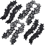 4 Pairs 2 Style Polyester & Nylon Embroidery Flower Lace Appliques, Sew on Ornament Accessories, Black, 252~265x75~83x1.5mm, 2 pairs/style