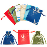 12Pcs 4 Colors Brocade Bag, Rope Drawstring Bags, Rectangle with Bamboo Leaf Pattern, Mixed Color, 10~10.5x8~8.2x0.45cm, 3pcs/color