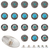 18Sets 3 Style Alloy Buttons, with Imitation Synthetic Turquoise & Iron Screw, Flower, Antique Silver, 24.5~25x7~8mm, 6 sets/style