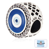 Rhodium Plated Sterling Silver European Beads, with Cubic Zirconia and Enamel, Flat Round with Evil Eye, Platinum, Dark Blue, 11.8x7.5mm, Hole: 4.5mm