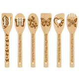 6Pcs Bamboo Spoons & Knifes & Forks, Flatware for Dessert, Butterfly Pattern, 60x300mm, 6 style, 1pc/style, 6pcs/set