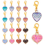 304 Stainless Steel & CCB Plastic Paillette Pendant Decoration, with Alloy Lobster Claw Clasps, Heart with Fish Scale/Heart, Mixed Color, 28~29mm, 2 style, 8pcs/style, 16pcs/set