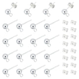 20pcs 304 Stainless Steel Ball Stud Earring Post, Round Earring Findings with Loop, 20pcs Iron Ear Nuts/Earring Backs, Silver, 16x5mm, Hole: 1.8mm, Pin: 0.8mm