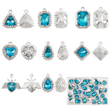 40Pcs 8 Style Platinum Plated Alloy Glass Pendants Sets, Crystal Rhinestone Charms, Rhombus & Octagon & Teardrop & Heart & Rectangle Charms, Aquamarine, 18.5~23.5x14~22.5x5~6mm, Hole: 1.8~2.2mm, 5Pcs/style