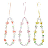 3Pcs 3 Colors Flower Plastic Beaded Mobile Phone Lanyard Wrist Strap, Cute Phone Charm Anti-Lost Strap for Women Girls, Mixed Color, 21.5cm, 1pc/color