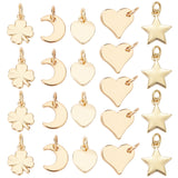 30Pcs 5 Style Brass Charms, with Jump Rings, Heart & Moon & Fish & Clover, Real 18K Gold Plated, 10x11x1.5mm, Hole: 3.5mm