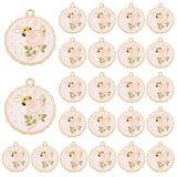 30Pcs Rack Plating Alloy Enamel Pendants, Cadmium Free & Nickel Free & Lead Free, Light Gold, Flat Round with Flower & Bees, Pink, 28x25x1.5mm, Hole: 1.8mm