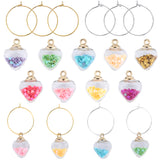 Wine Glass Charm Set, with 18Pcs Heart Glass Pendants, with Sequin Inside and 20Pcs Brass Wine Glass Charm Rings, Mixed Color, 24x18x11mm, Hole: 2mm