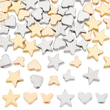 60Pcs 6 Styles Brass Beads, Long-Lasting Plated, Star & Butterfly & Heart, Mixed Color, 5~9x6~10x2.5~3mm, Hole: 1mm, 10pcs/style