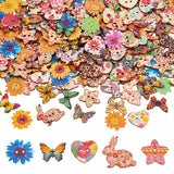 5 Style 2-Hole Printed Wooden Buttons Sets, for Sewing Crafting, Star/Heart/Rabbit/Butterfly/Flower, Mixed Color, 18~30x24~30x2~2.5mm, hole: 1.6~2.4mm