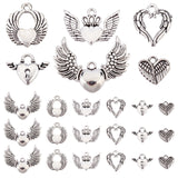 84Pcs 6 Style Tibetan Style Alloy Pendants, Wing with Heart, Antique Silver, 12~28.5x13~36.5x1.3~5mm, Hole: 2~3.3mm, 14pcs/style