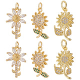 12Pcs 3 Style Brass Micro Pave Cubic Zirconia Pendants, with Jump Ring, Cadmium Free & Lead Free, Sunflower, Real 18K Gold Plated, 18~19.5x11~12.5x1.5~5mm, Hole: 3~3.6mm, 4pcs/style
