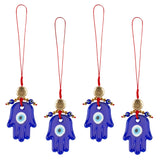 4Pcs Handmade Evil Eye Lampwork Pendant Decorations, with Braided Nylon Thread and Lotus Pattern Alloy Beads, Buddha Hand, Medium Blue, 133mm