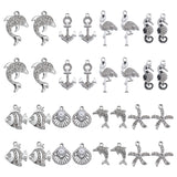 32Pcs 8 Styles Alloy with Crystal Rhinestone & Black Enamel Pendants, Sea Horse & Dolphin & Starfish & Anchor & Flamingo Charms, Platinum, 17~28x8~18x2.2~6mm, Hole: 1.5~2mm, 4Pcs/style