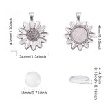 Alloy Pendant Cabochon Settings and Half Round/Dome Clear Glass Cabochons, Sun Flower, Antique Silver, 6.7x4.2cm
