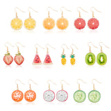 10 Pairs 10 Styles Pineapple & Pitaya Alloy Enamel Dangle Earrings, Light Gold Iron Fruit Drop Earrings for Women, Mixed Color, 40~43.5mm, Pin: 0.6mm, 1 Pair/style