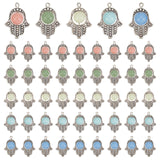 50Pcs 5 Colors Synthetic Luminous Stone Pendants, with Tibetan Style Alloy Bead Frames & Iron Flat Head Pins, Glow in the Dark, Hamsa Hands, Antique Silver & Platinum, Mixed Color, 26x17x8mm, Hole: 2.6mm, 10pcs/color