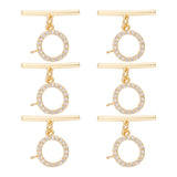6 Sets Brass Micro Pave Clear Cubic Zirconia Toggle Clasps, Ring Shape, Real 18K Gold Plated, Bar: 21.5x4x2mm, Hole: 1mm, Ring: 12x13x3mm, Hole: 1.5mm