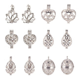 Brass Cage Pendant, Teardrop & Oval & Heart & Flower, Platinum, 21~30x14~18x8~16mm, hole: 2~4mm, Inner Measure: 11~19mm, 12pcs/box