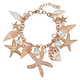 Trendy Shell Charm Bracelets, CCB Plastic Alloy Rhinestone Starfish and Glass Pearl Pendants, with Iron Chains and Brass Lobster Claw Clasps, Golden, 230mm
