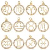 Brass Micro Pave Cubic Zirconia Pendants, Flat Round with Constellation/Zodiac Sign, Golden, 12 Constellations, 20x17x2mm, Hole: 2.5mm, 12pcs/box