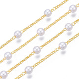 Handmade Brass Chains, with Round ABS Plastic Imitation Pearl Beads, Soldered, with Spool, Creamy White, Golden, 1.5mm, beads: 4mm, about 32.817 Feet(10m)/roll