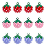 12Pcs 3 Colors Baking Painted Brass Bell Pendants, Strawberry Charm, Mixed Color, 21.5x17.5x17mm, Hole: 2mm, 4pcs/color