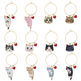 12 Pcs 12 Style Cat Theme Alloy Enamel Wine Glass Charms, Goblet Marker, with Brass Wine Glass Charm Rings, Golden, 47~60mm, 1pc/style