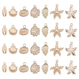 28Pcs 7 Styles Ocean Series Alloy Pendants, Conch/Shell/Starfish Charm, Light Gold, 17~25.5x8~23x2.5~3mm, Hole: 1.2~1.8mm, 4pcs/style