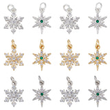 12Pcs 6 Style Rack Plating Brass Micro Pave Cubic Zirconia Pendants, Cadmium Free & Lead Free, with Jump Ring, Star & Snowflake Charm, Mixed Color, 15x10.5~11.5x3~4mm, Hole: 3.5mm, 2pcs/style