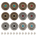 12Pcs 6 Color 1-Hole Alloy & Turquoise Buttons, Flat Round with Chrysanthemum Pattern, for DIY Luggage and Hardware Accessaries, Mixed Color, 30x8.8~9.3mm, Hole: 2.5mm, 2pcs/color, 6 color, 12pcs/box