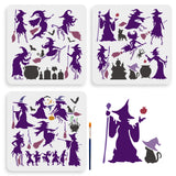 1 Set Halloween Theme PET Hollow Out Drawing Painting Stencils, with 1Pc Art Paint Brushes, for DIY Scrapbook, Photo Album, Witch, 300x300mm, 3pcs/set