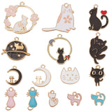 30Pcs 15 Styles Alloy Enamel Charms, Cat Shape, Light Gold, Mixed Color, 13~30x8.5~29x1~3mm, Hole: 1.2~2mm, 2pcs/style