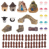 Succulent Micro Landscape Dollhouse Ornaments, including Resin Imitation Stone House, Bridge, Stairs, Imitation Wood Stumps, Fences, Sheeps, Mushrooms, Mixed Color, 10~47x11~105x4~40mm, 26pcs/bag