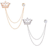 2Pcs 2 Colors Crystal Rhinestone Crown Hanging Chain Brooches, Men's Suit Collar Alloy Lapel Pins, Platinum & Golden, 150mm, 1Pc/color