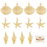 12Pcs 3 Style Rack Plating Brass Pendant, Eco-friendly, Cadmium Free & Lead Free, Shell/Starfish, Real 18K Gold Plated, 17~19x8.5~19x2~5mm, Hole: 3~4mm, 4pcs/style